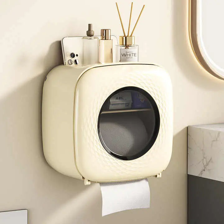 Light Yellow Wall-Mounted Bathroom Tissue Box - Waterproof Paper Towel Dispenser with Storage Shelf No-Drill