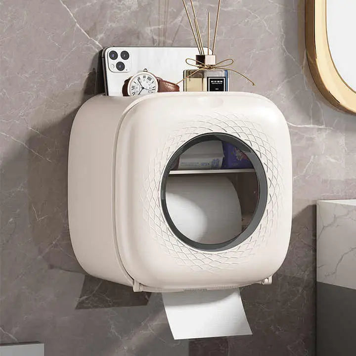 Light Yellow Wall-Mounted Bathroom Tissue Box - Waterproof Paper Towel Dispenser with Storage Shelf No-Drill