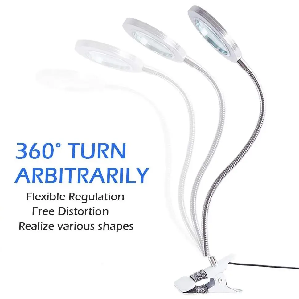 Lighting LED 8X Magnifying Lamp with Metal Clamp 360° Flexible Gooseneck and USB Plug Design for Tattoo Manicure