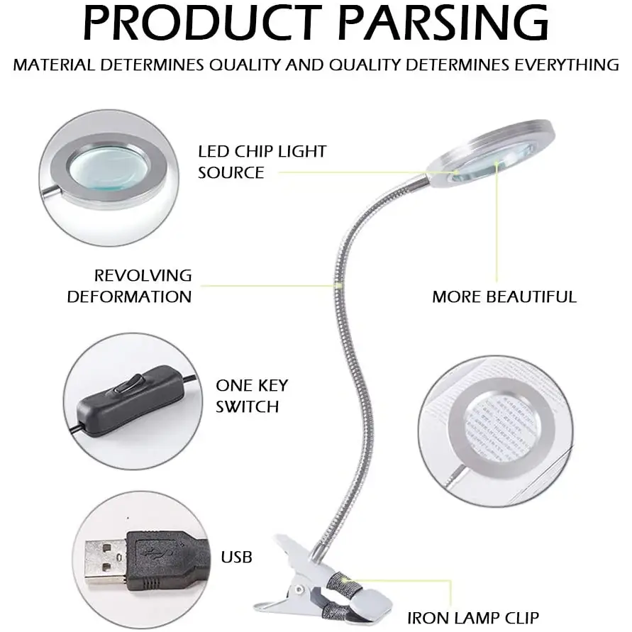 Lighting LED 8X Magnifying Lamp with Metal Clamp 360° Flexible Gooseneck and USB Plug Design for Tattoo Manicure