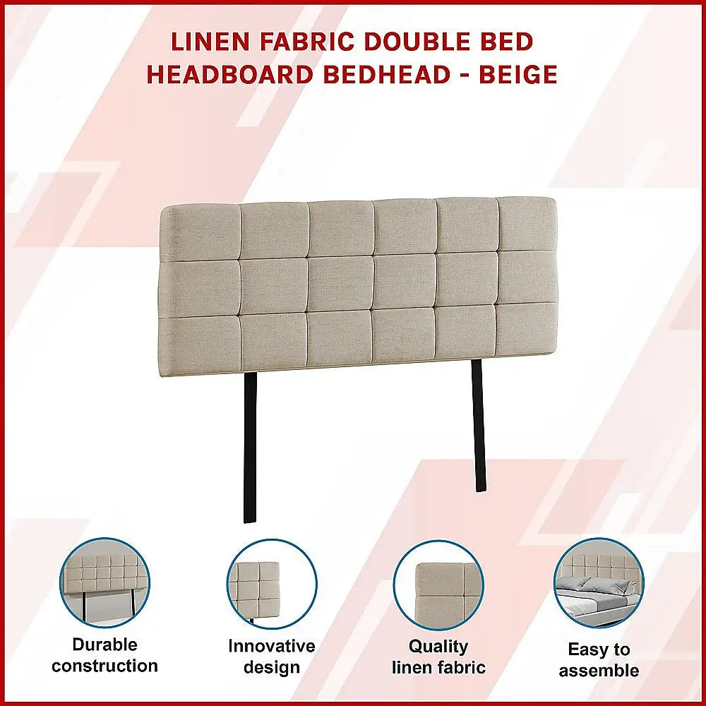 Linen Fabric Double Bed Deluxe Headboard Bedhead - Beige - Furniture > Bedroom