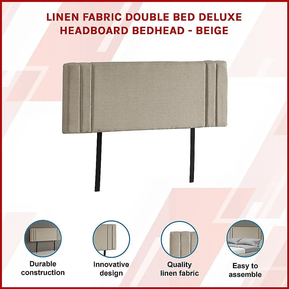 Linen Fabric Double Bed Deluxe Headboard Bedhead - Beige - Furniture > Bedroom