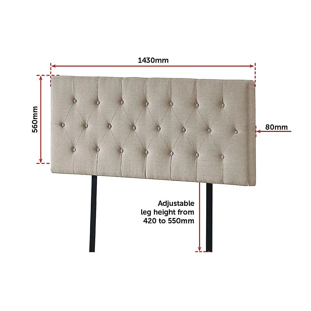 Linen Fabric Double Bed Deluxe Headboard Bedhead - Beige - Furniture > Bedroom