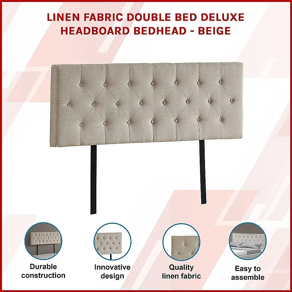 Linen Fabric Double Bed Deluxe Headboard Bedhead - Beige - Furniture > Bedroom