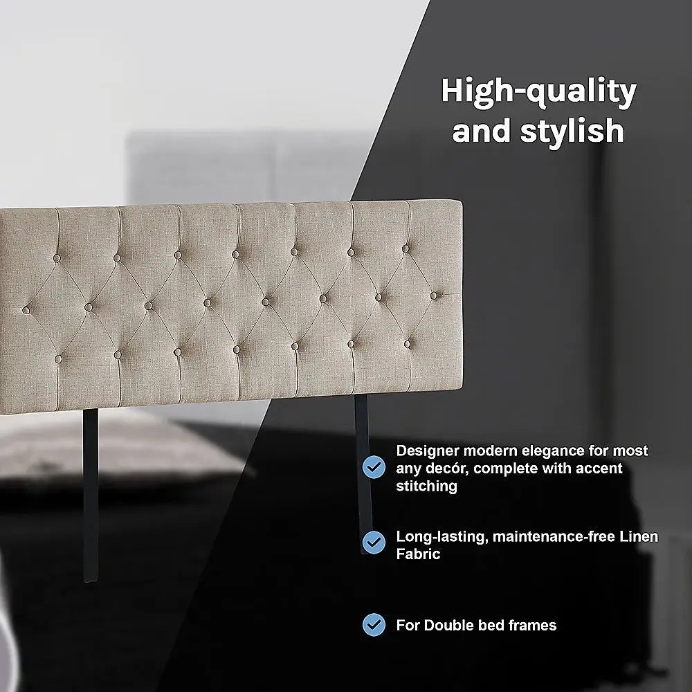 Linen Fabric Double Bed Deluxe Headboard Bedhead - Beige - Furniture > Bedroom