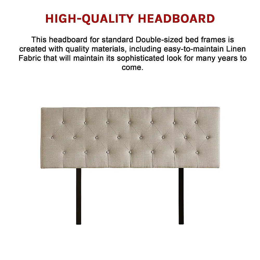 Linen Fabric Double Bed Deluxe Headboard Bedhead - Beige - Furniture > Bedroom
