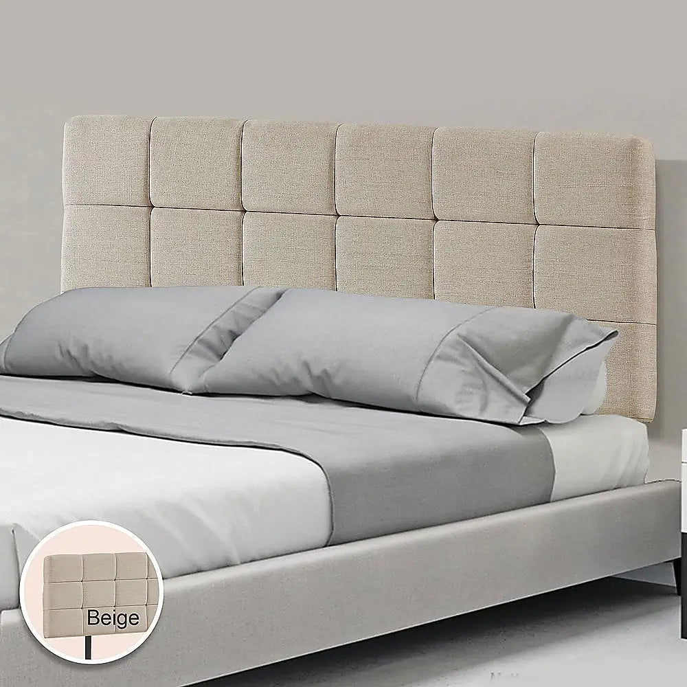 Linen Fabric Double Bed Deluxe Headboard Bedhead - Beige - Furniture > Bedroom