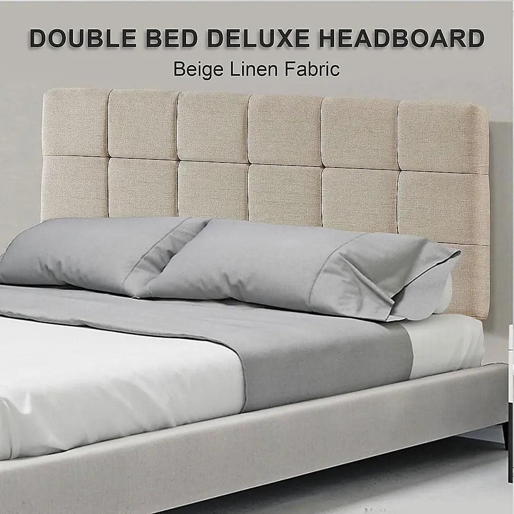 Linen Fabric Double Bed Deluxe Headboard Bedhead - Beige - Furniture > Bedroom
