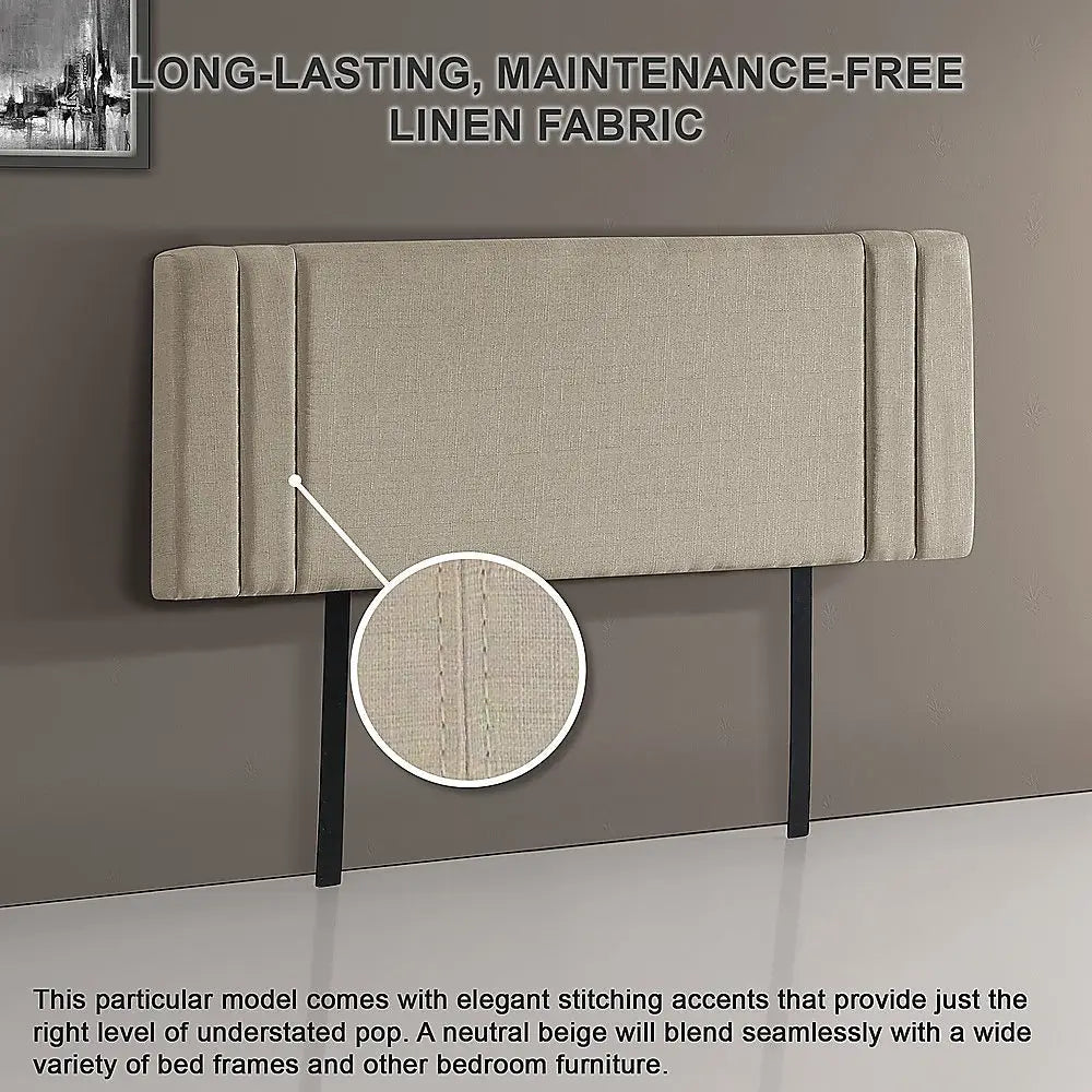 Linen Fabric Double Bed Deluxe Headboard Bedhead - Beige - Furniture > Bedroom