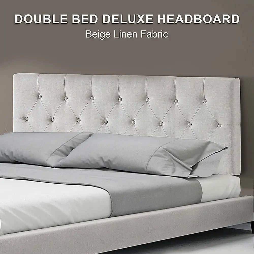 Linen Fabric Double Bed Deluxe Headboard Bedhead - Beige - Furniture > Bedroom