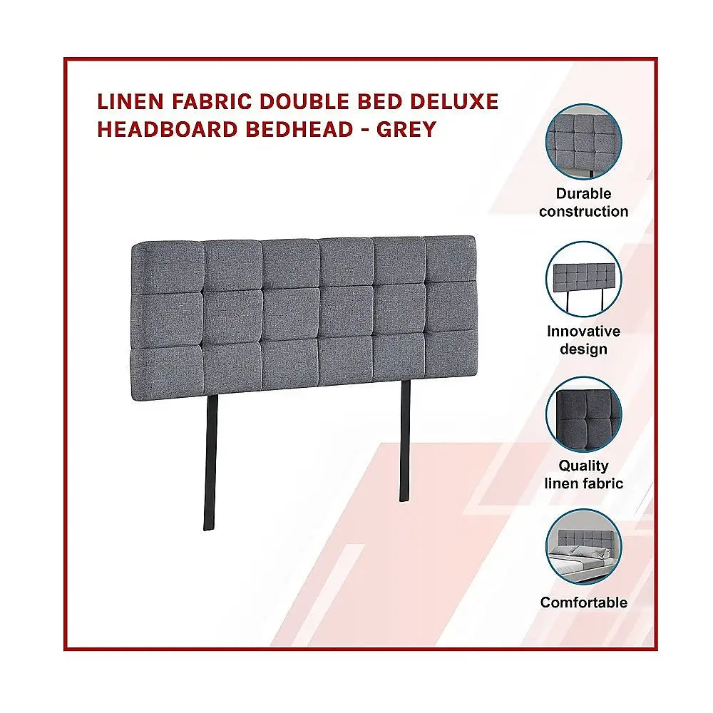 Linen Fabric Double Bed Deluxe Headboard Bedhead - Grey - Furniture > Bedroom