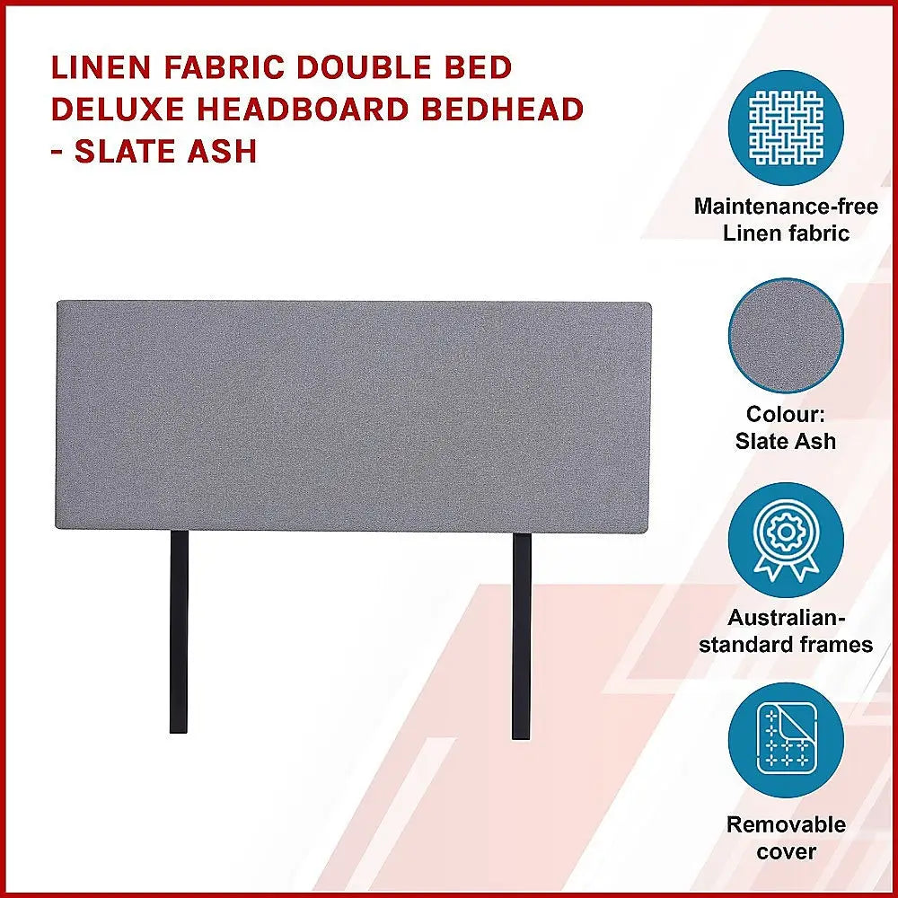 Linen Fabric Double Bed Deluxe Headboard Bedhead - Slate Ash - Furniture > Bedroom > Beds & Bed Frames