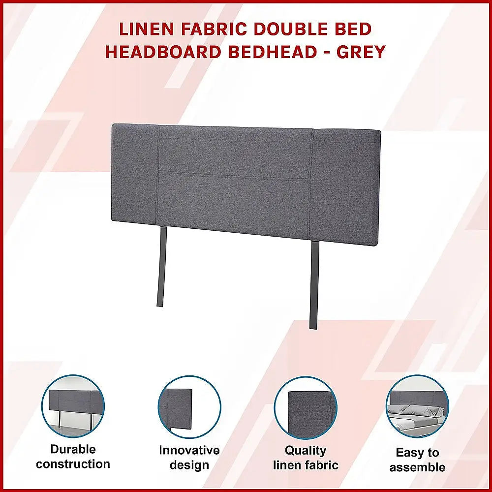 Linen Fabric Double Bed Headboard Bedhead - Grey - Furniture > Bedroom