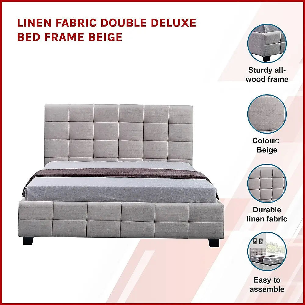 Linen Fabric Double Deluxe Bed Frame Beige - Furniture > Bedroom > Beds & Bed Frames
