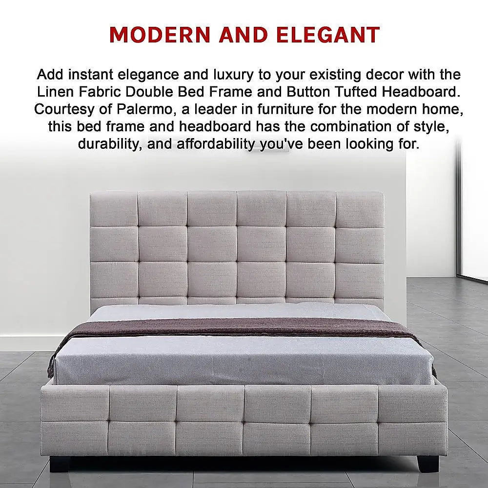 Linen Fabric Double Deluxe Bed Frame Beige - Furniture > Bedroom > Beds & Bed Frames