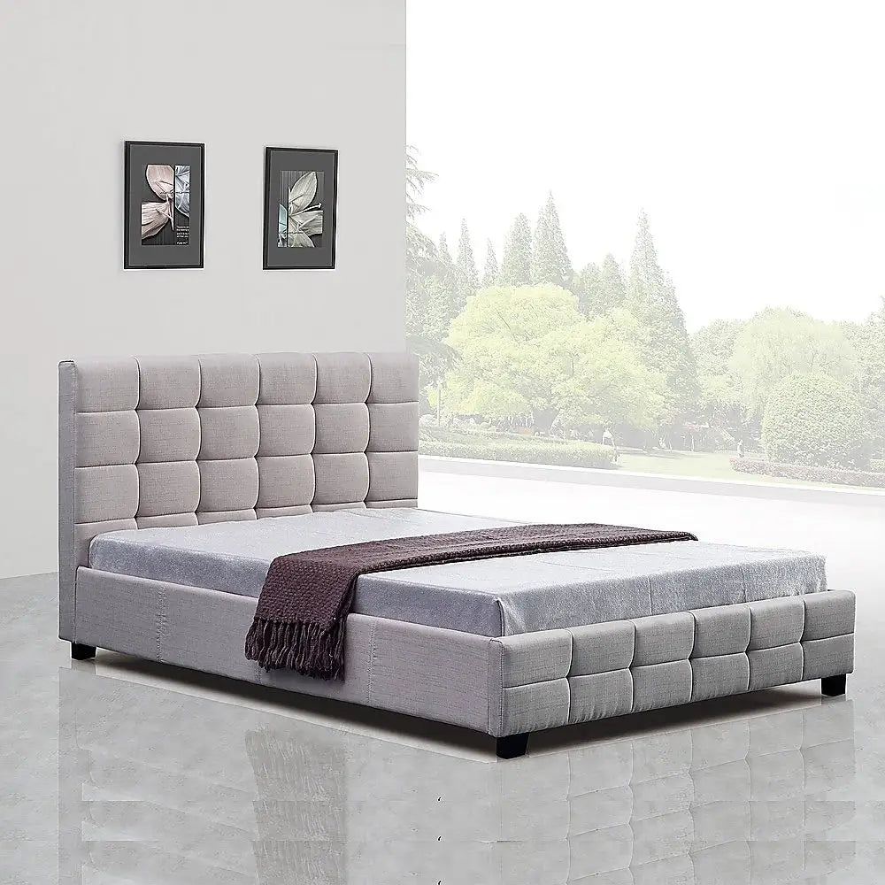 Linen Fabric Double Deluxe Bed Frame Beige - Furniture > Bedroom > Beds & Bed Frames