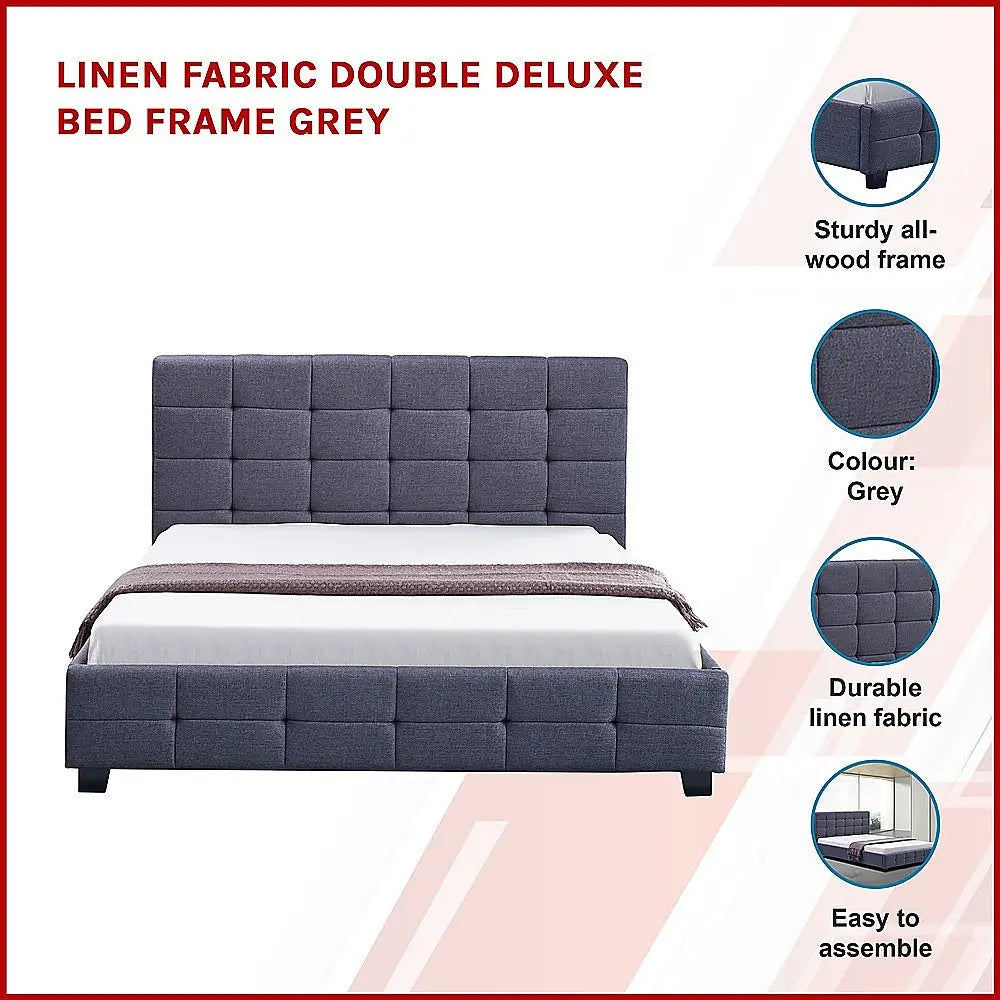 Linen Fabric Double Deluxe Bed Frame Grey - Furniture > Bedroom > Beds & Bed Frames