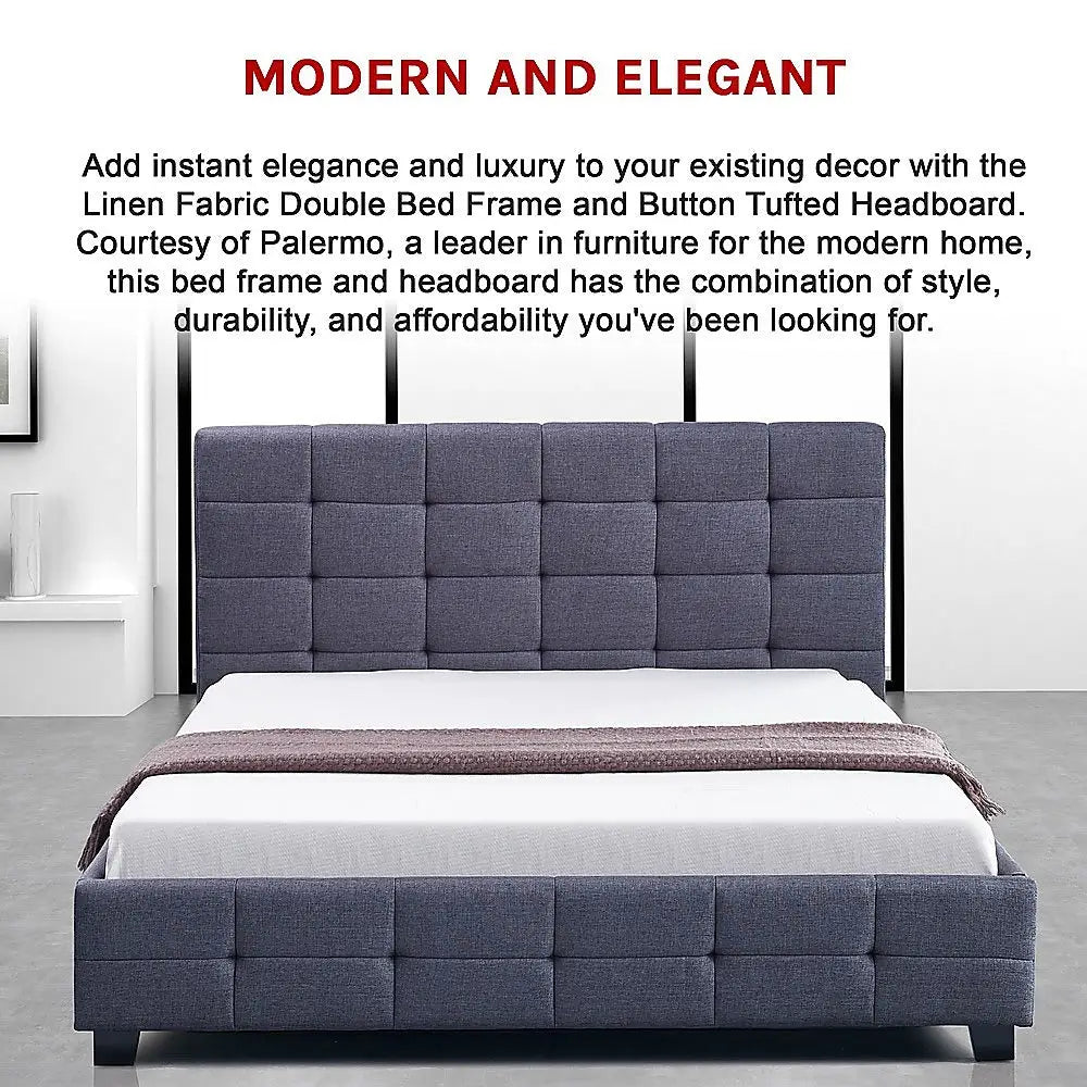 Linen Fabric Double Deluxe Bed Frame Grey - Furniture > Bedroom > Beds & Bed Frames