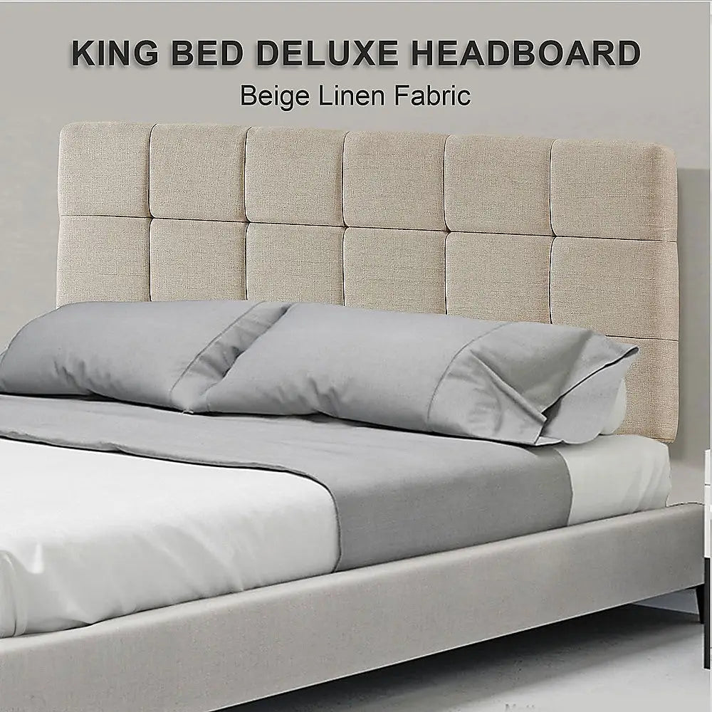 Linen Fabric King Bed Deluxe Headboard Bedhead - Beige - Furniture > Bedroom > Beds & Bed Frames