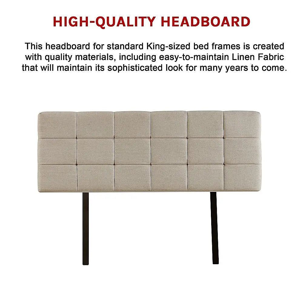 Linen Fabric King Bed Deluxe Headboard Bedhead - Beige - Furniture > Bedroom > Beds & Bed Frames