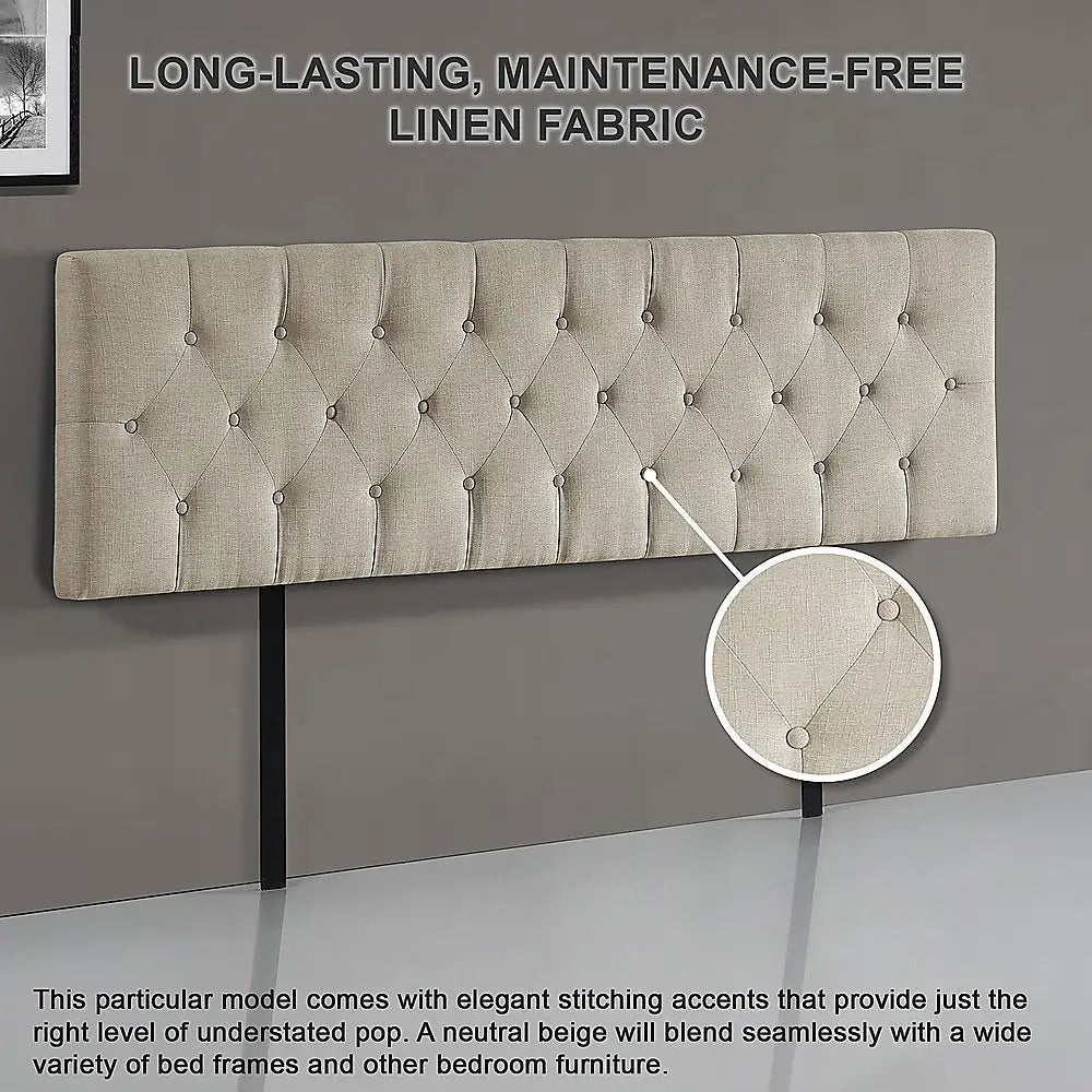 Linen Fabric King Bed Deluxe Headboard Bedhead - Beige - Furniture > Bedroom