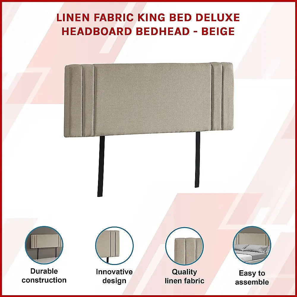 Linen Fabric King Bed Deluxe Headboard Bedhead - Beige - Furniture > Bedroom