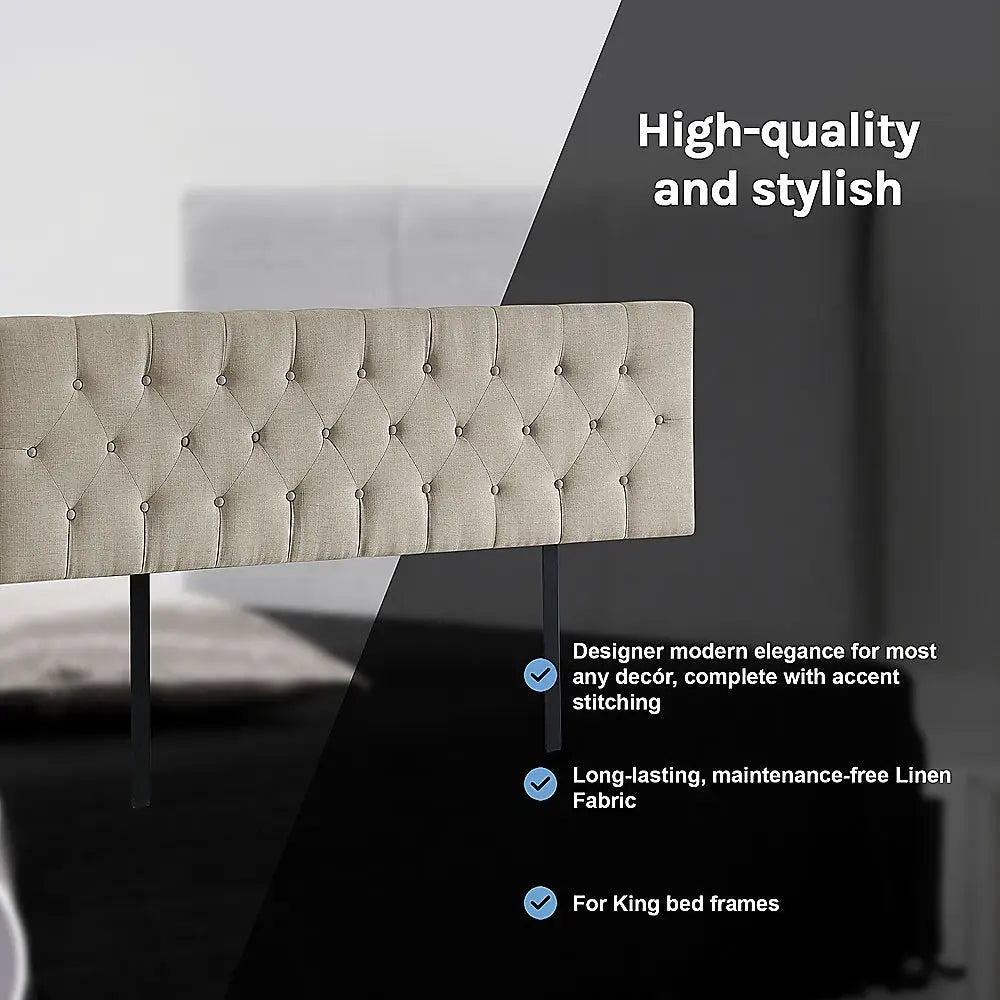 Linen Fabric King Bed Deluxe Headboard Bedhead - Beige - Furniture > Bedroom