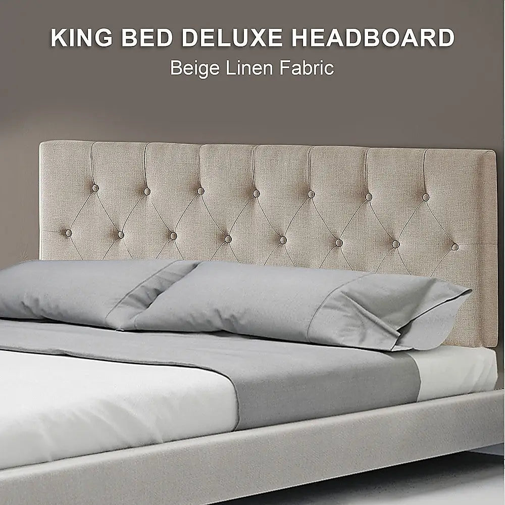 Linen Fabric King Bed Deluxe Headboard Bedhead - Beige - Furniture > Bedroom