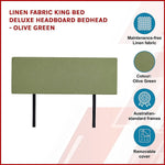Linen Fabric King Bed Deluxe Headboard Bedhead - Olive Green - Furniture > Bedroom > Beds & Bed Frames