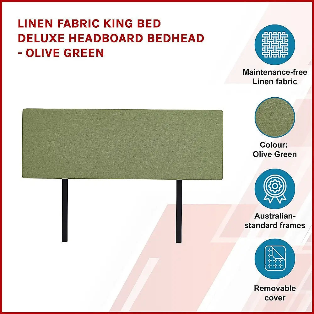 Linen Fabric King Bed Deluxe Headboard Bedhead - Olive Green - Furniture > Bedroom > Beds & Bed Frames