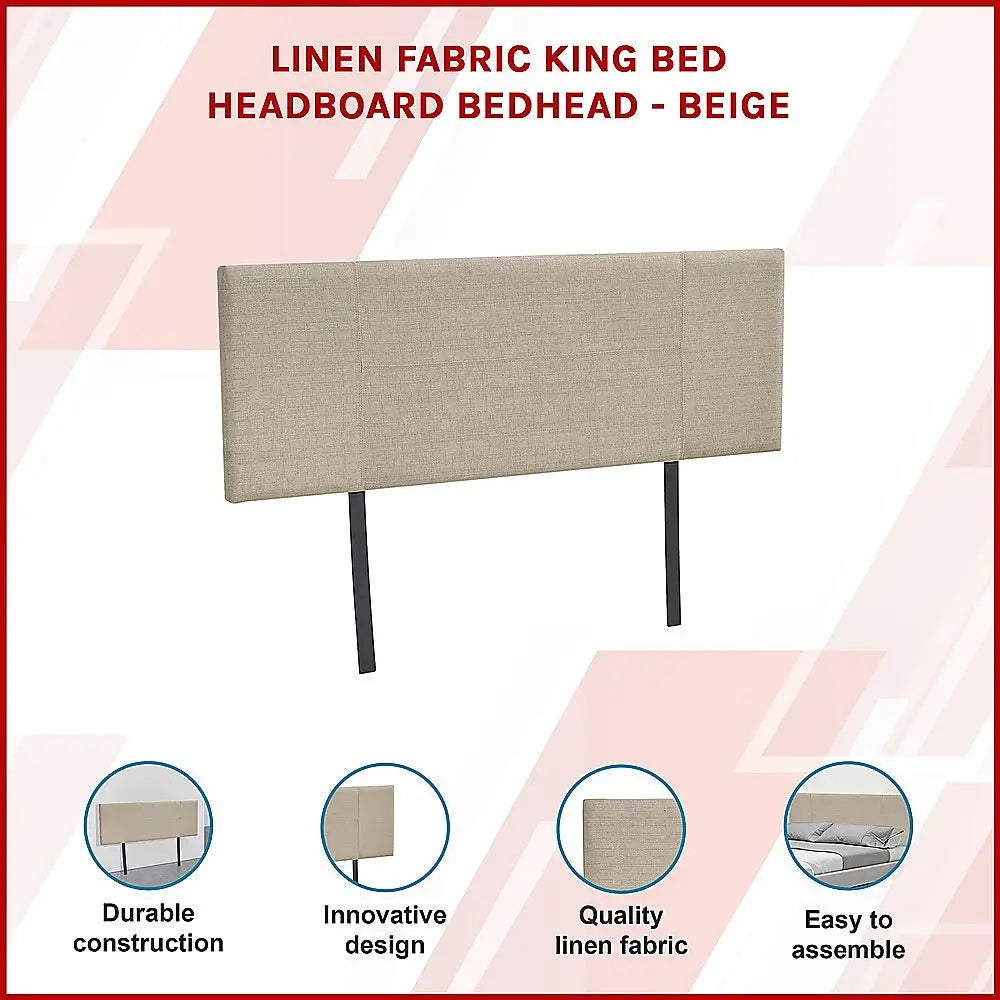 Linen Fabric King Bed Headboard Bedhead - Beige - Furniture > Bedroom
