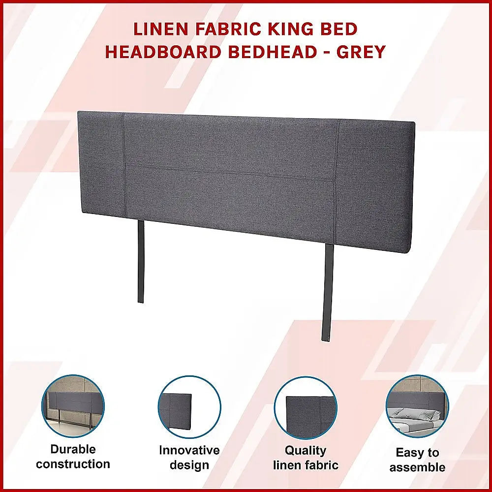 Linen Fabric King Bed Headboard Bedhead - Grey - Furniture > Bedroom