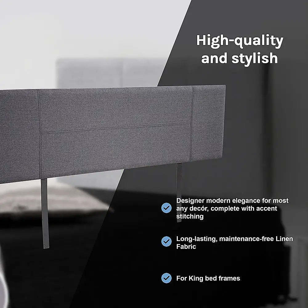 Linen Fabric King Bed Headboard Bedhead - Grey - Furniture > Bedroom