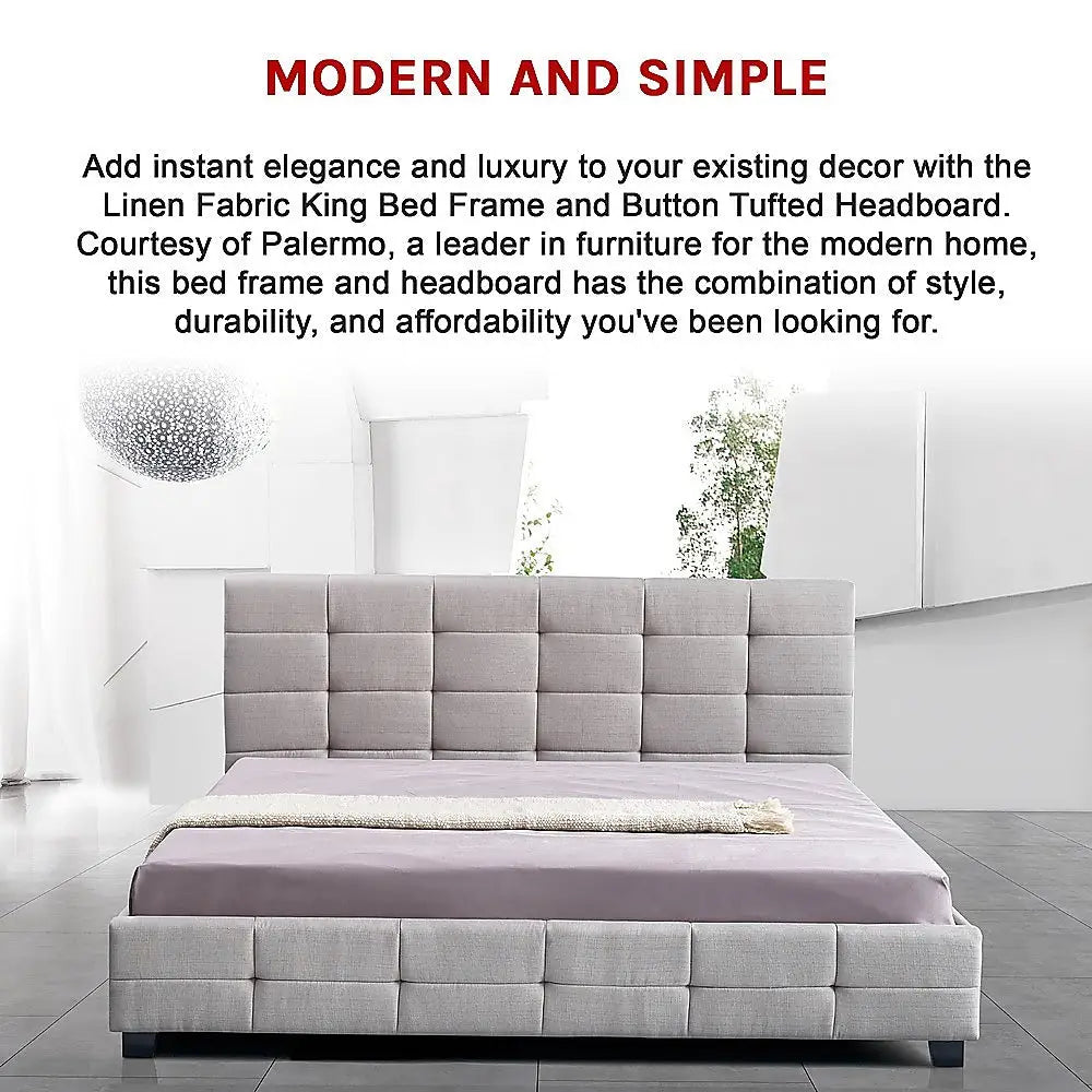 Linen Fabric King Deluxe Bed Frame Beige - Furniture > Bedroom > Beds & Bed Frames