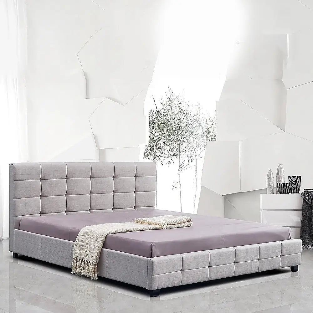 Linen Fabric King Deluxe Bed Frame Beige - Furniture > Bedroom > Beds & Bed Frames