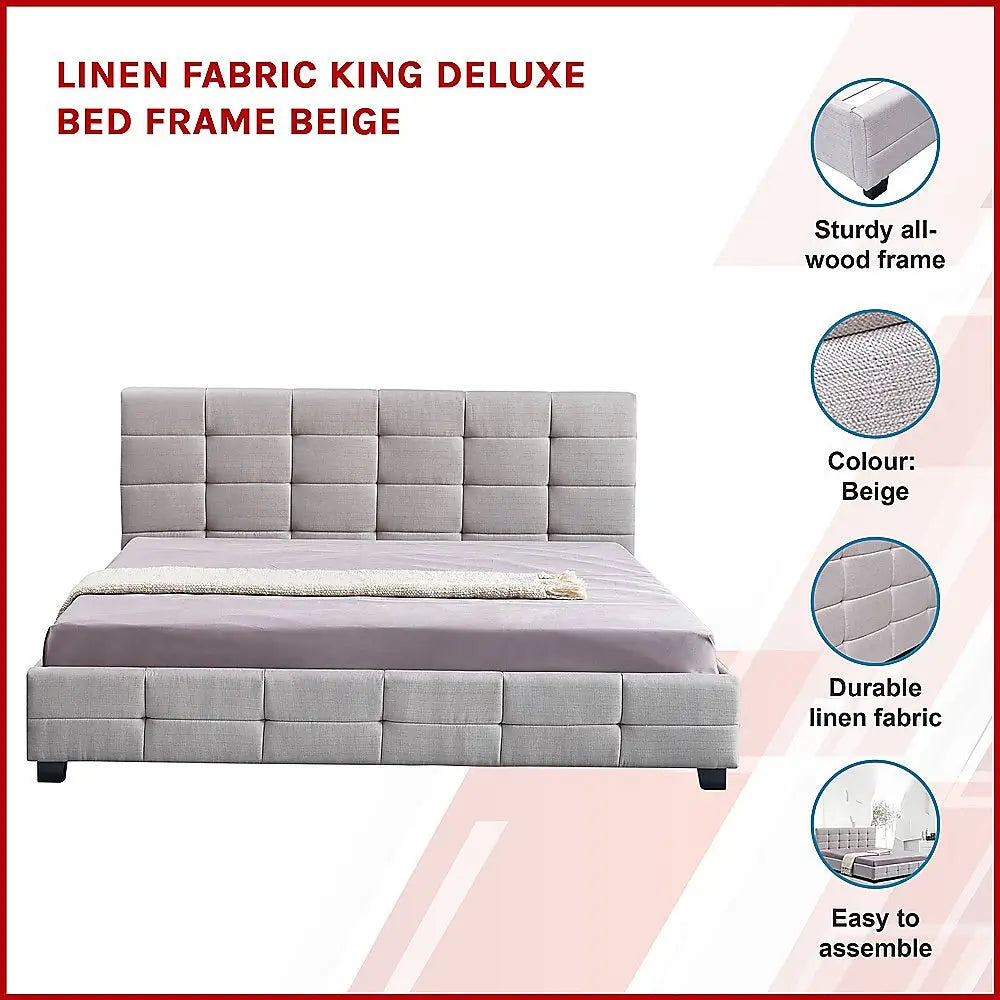 Linen Fabric King Deluxe Bed Frame Beige - Furniture > Bedroom > Beds & Bed Frames