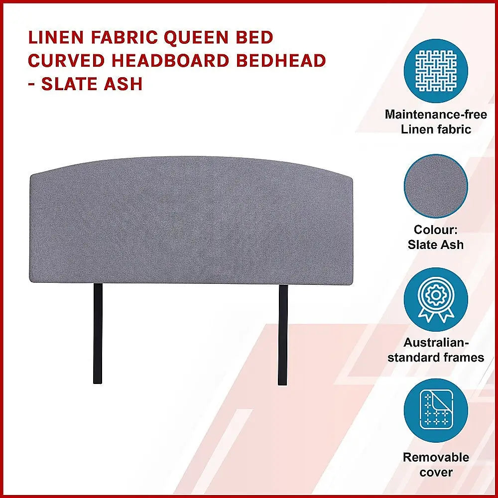 Linen Fabric Queen Bed Curved Headboard Bedhead - Slate Ash - Furniture > Bedroom