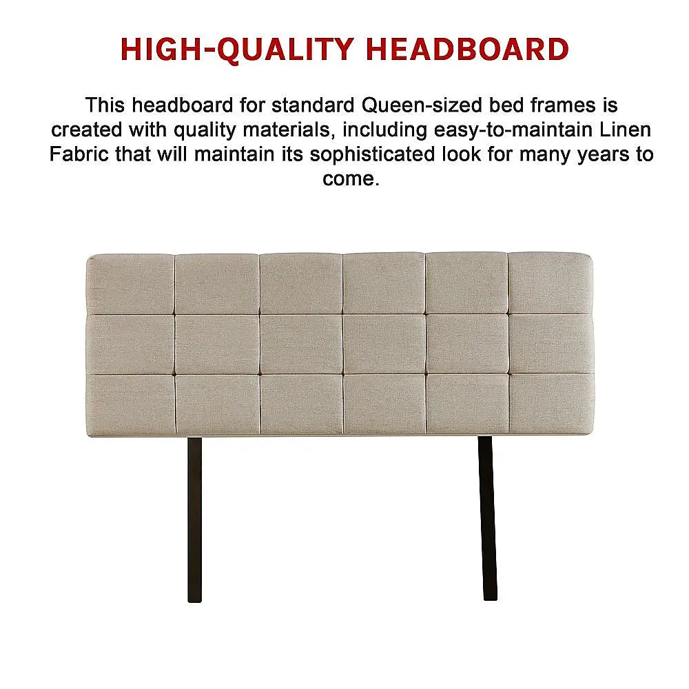 Linen Fabric Queen Bed Deluxe Headboard Bedhead - Beige - Furniture > Bedroom