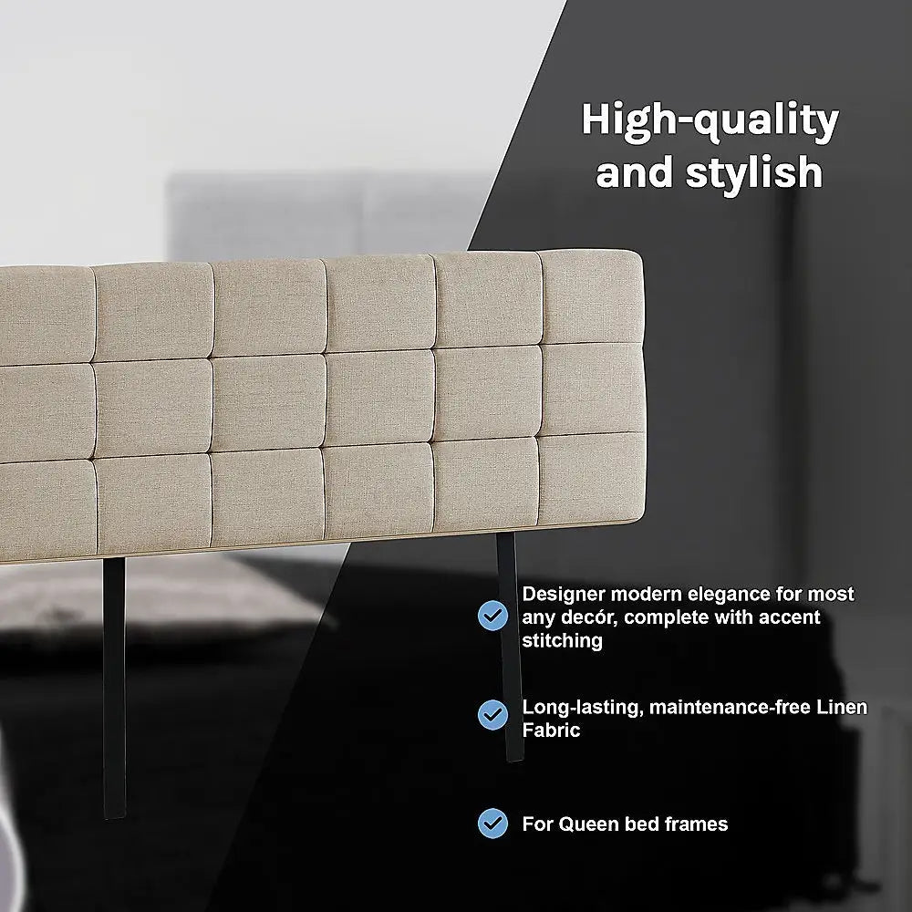 Linen Fabric Queen Bed Deluxe Headboard Bedhead - Beige - Furniture > Bedroom