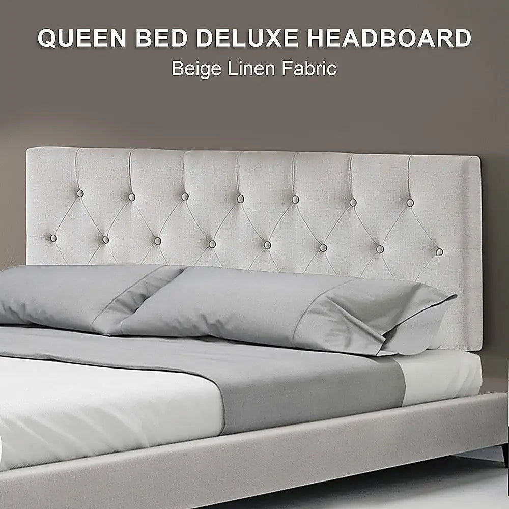 Linen Fabric Queen Bed Deluxe Headboard Bedhead - Beige - Furniture > Bedroom > Beds & Bed Frames