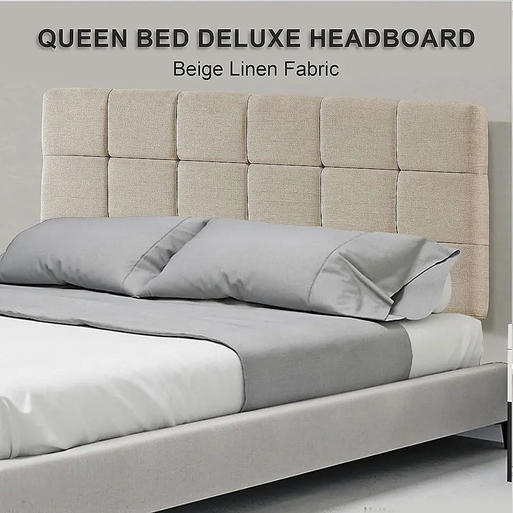 Linen Fabric Queen Bed Deluxe Headboard Bedhead - Beige - Furniture > Bedroom