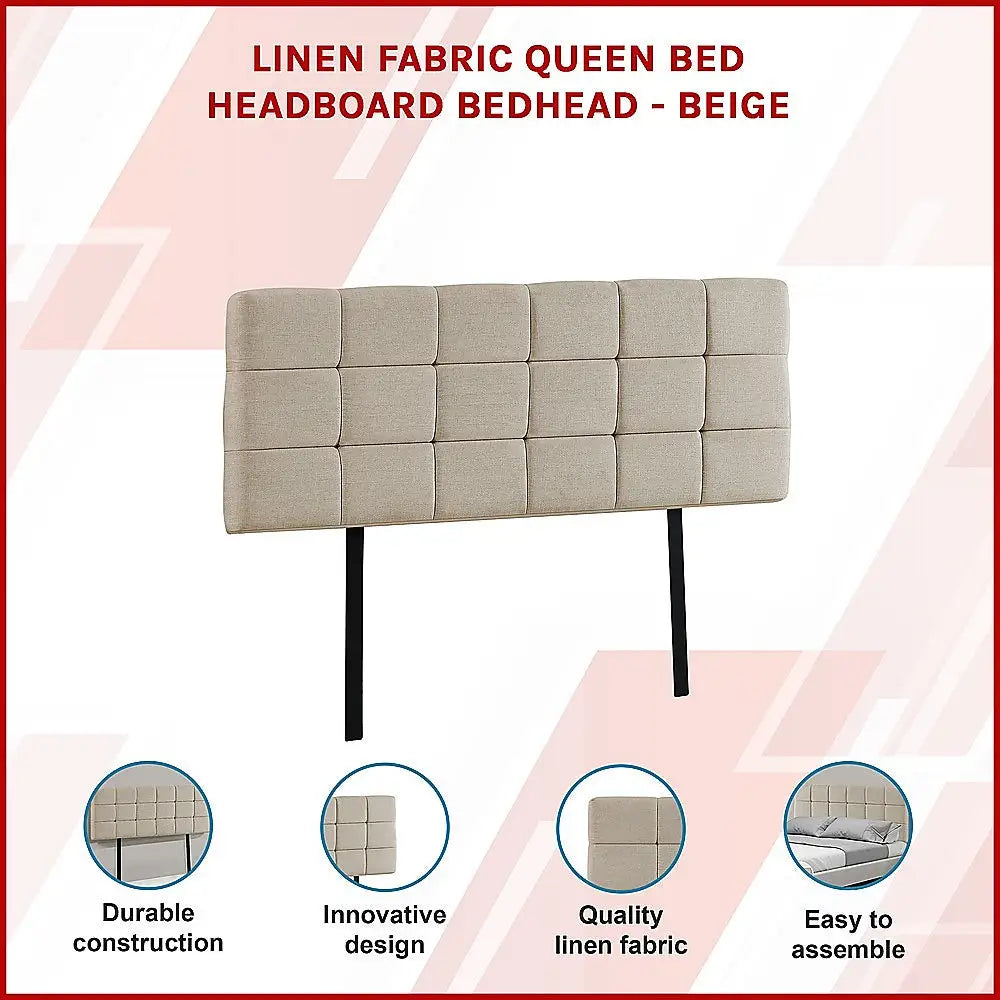 Linen Fabric Queen Bed Deluxe Headboard Bedhead - Beige - Furniture > Bedroom