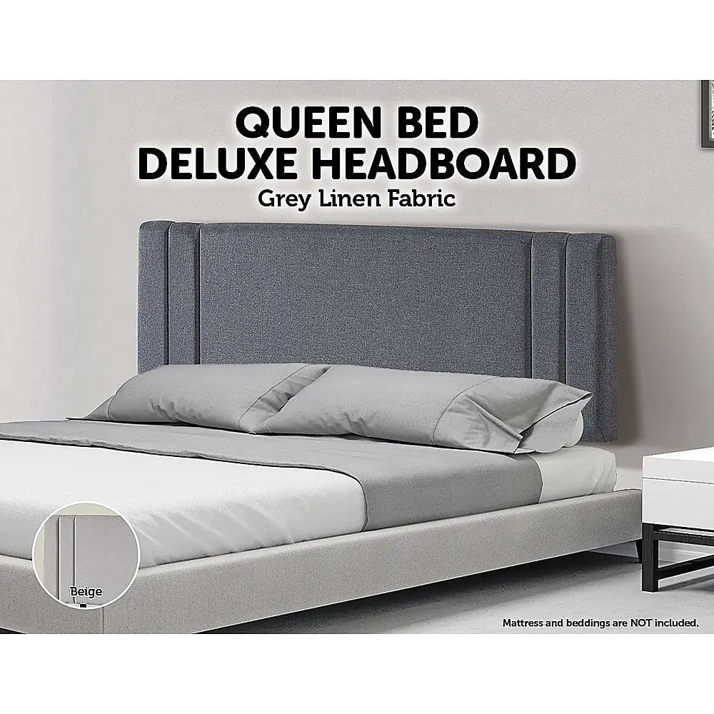 Linen Fabric Queen Bed Deluxe Headboard Bedhead - Grey - Furniture > Bedroom