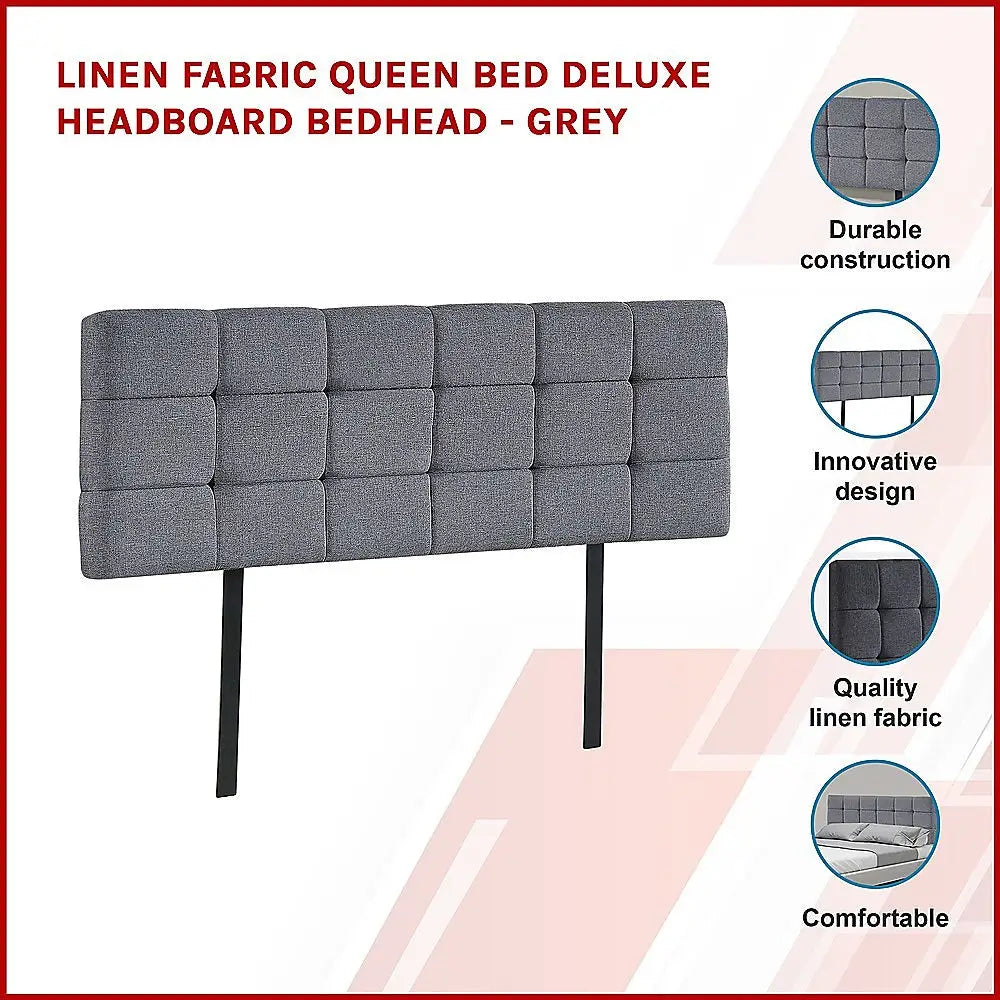 Linen Fabric Queen Bed Deluxe Headboard Bedhead - Grey - Furniture > Bedroom