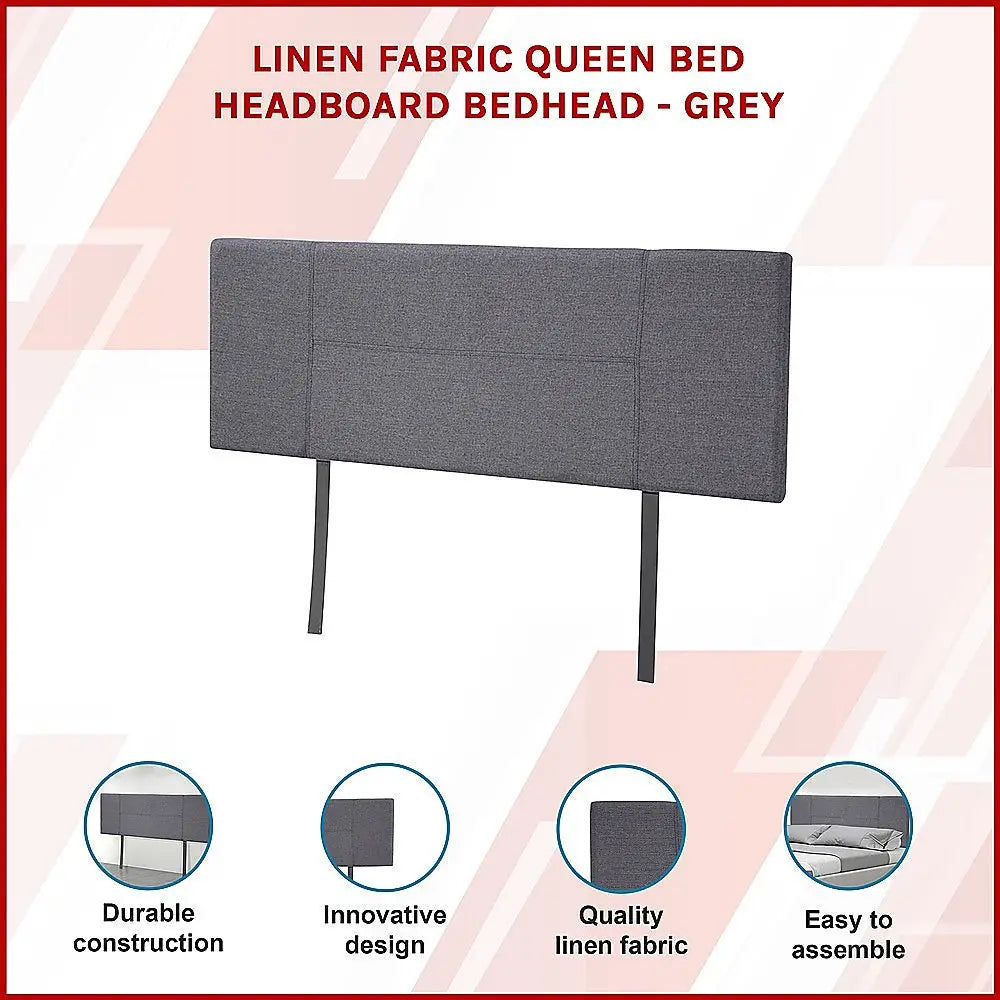 Linen Fabric Queen Bed Headboard Bedhead - Grey - Furniture > Bedroom
