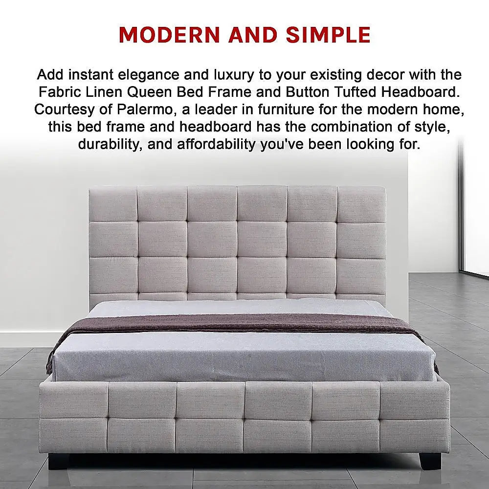 Linen Fabric Queen Deluxe Bed Frame Beige - Furniture > Bedroom > Beds & Bed Frames