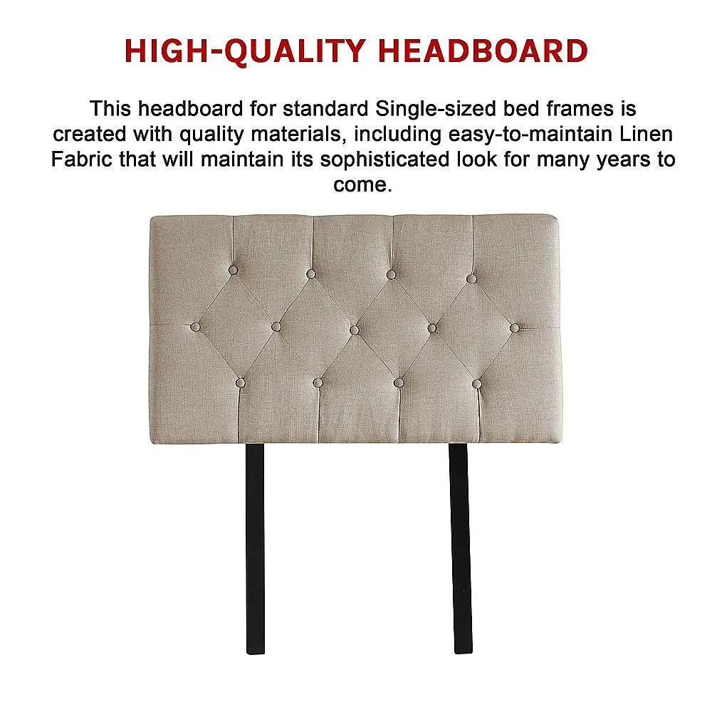 Linen Fabric Single Bed Deluxe Headboard Bedhead - Beige - Furniture > Bedroom > Beds & Bed Frames