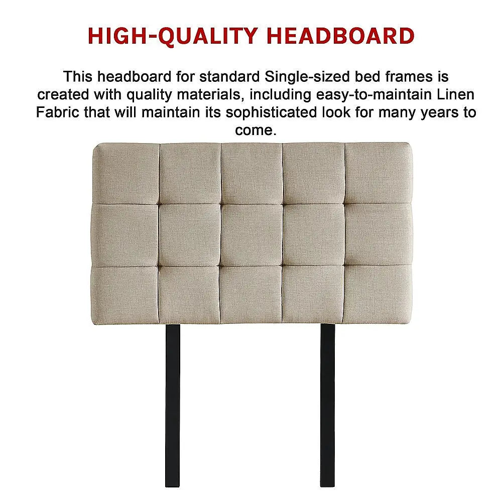 Linen Fabric Single Bed Deluxe Headboard Bedhead - Beige - Furniture > Bedroom