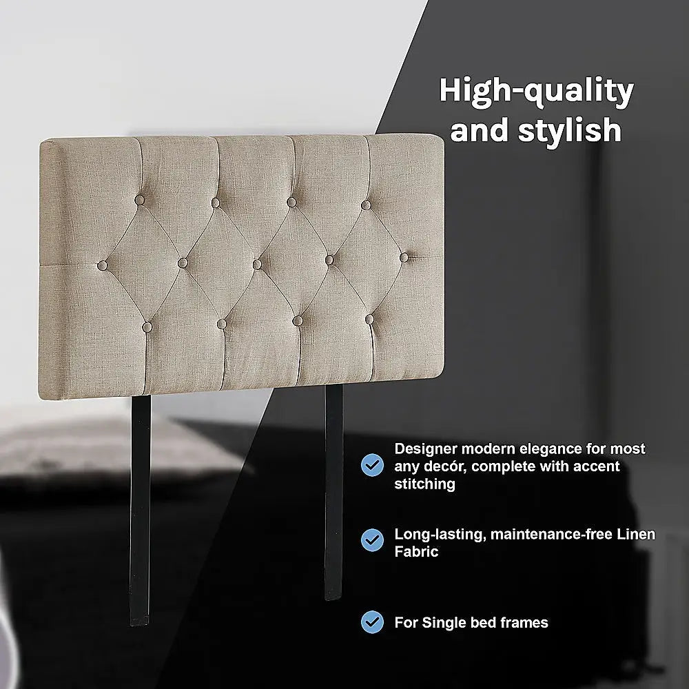 Linen Fabric Single Bed Deluxe Headboard Bedhead - Beige - Furniture > Bedroom > Beds & Bed Frames