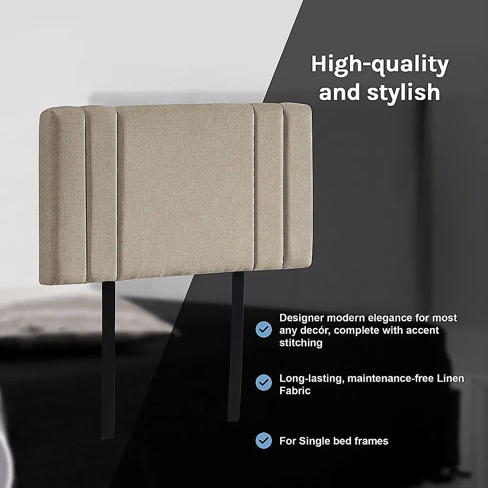 Linen Fabric Single Bed Deluxe Headboard Bedhead - Beige - Furniture > Bedroom